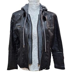 Comme USA Black Vegan Leather Hooded Biker Jacket Size Large Moto Zip Front